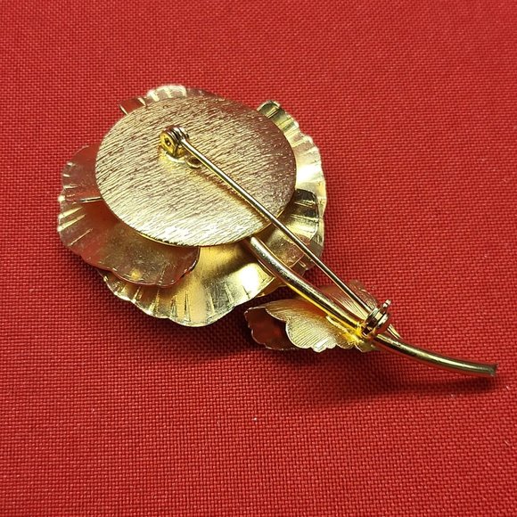 VTG Flower Leaf Brooch Pin Gold Tone Yellow Glass Stone - Picture 9 of 11